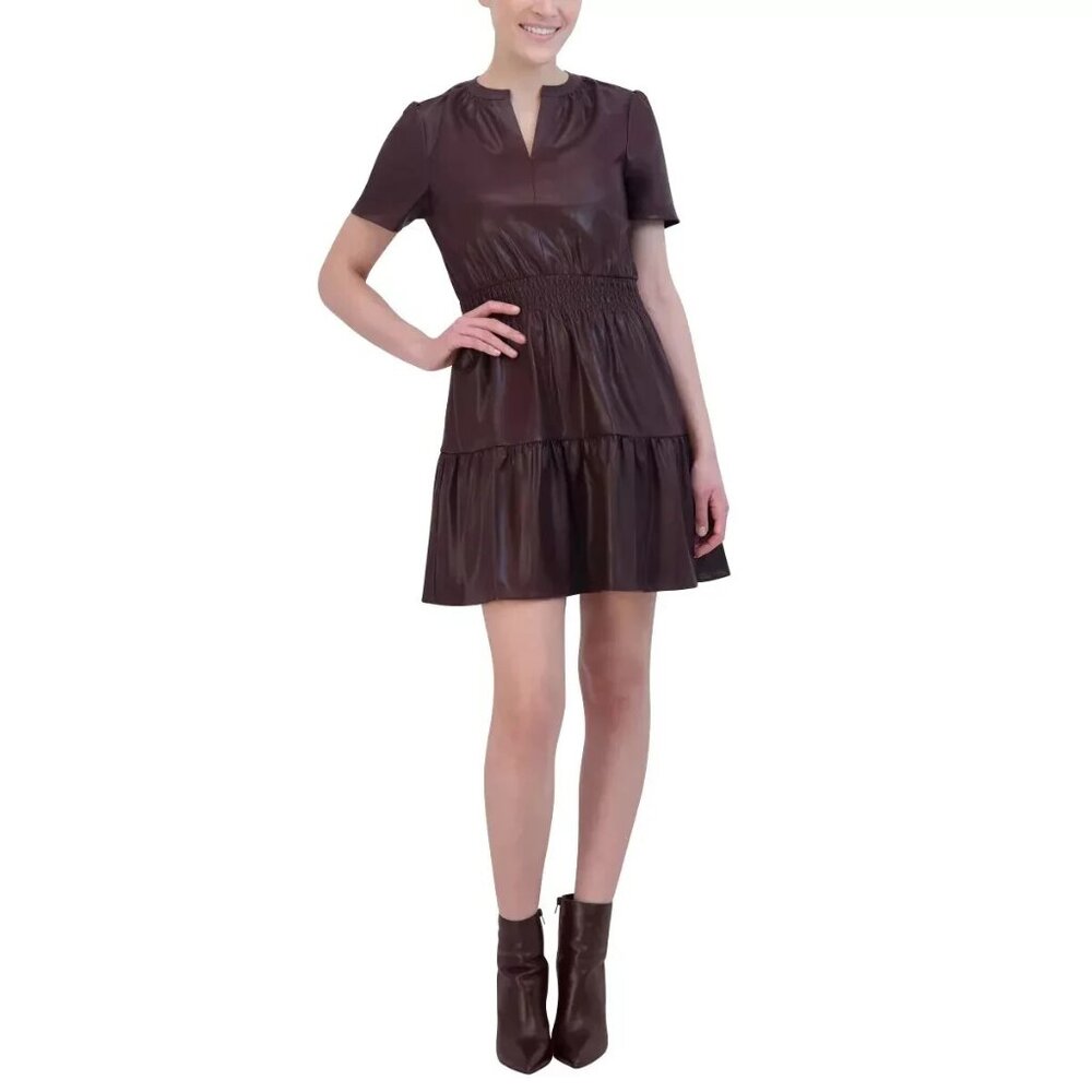 Vigoss Women's Size XL Brown Short Sleeve Ruffle Faux Leather A Line Dress NWT